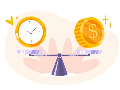 Time is money balance on scale icon. Concept of time management, economy and investment. Comparison work and value, financial profit. Vector flat illustration of coins, cash and watch on seesaw.